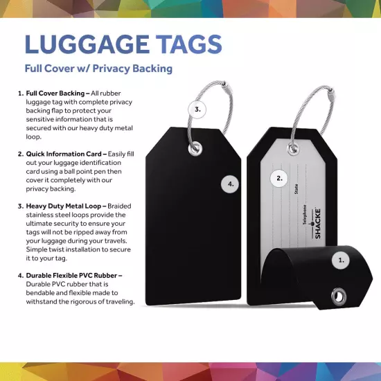 Shacke Luggage Tags with Full Back Privacy Cover w/Steel Loops - Set of 2