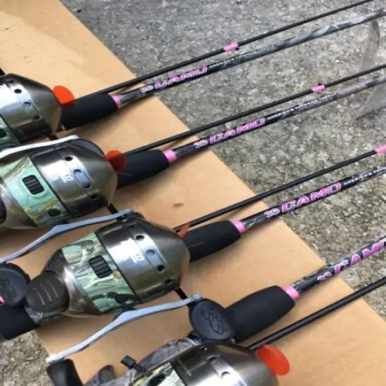 Lot of 4 Zebco 33 Ladies Pink Camo Rod Reel (PLUS MY$TERY FISHING ITEM$) U