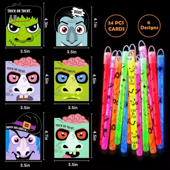 24 Pcs Halloween Party Favors Glow Stick with Gift Cards,Halloween Light Up... 