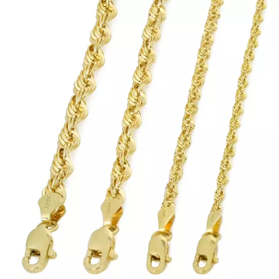 10K Yellow Gold 1mm-4mm Laser Diamond Cut Rope Chain Necklace Men Women 16"- 30"