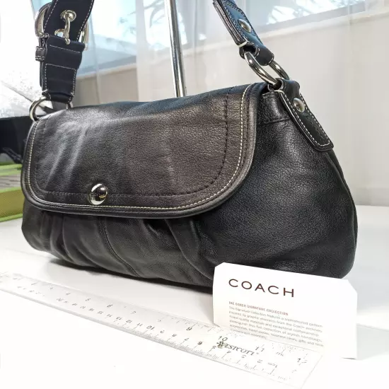 Coach Soho Medium Black Purse Hobo Bag Pleated Leather Silver Hardware