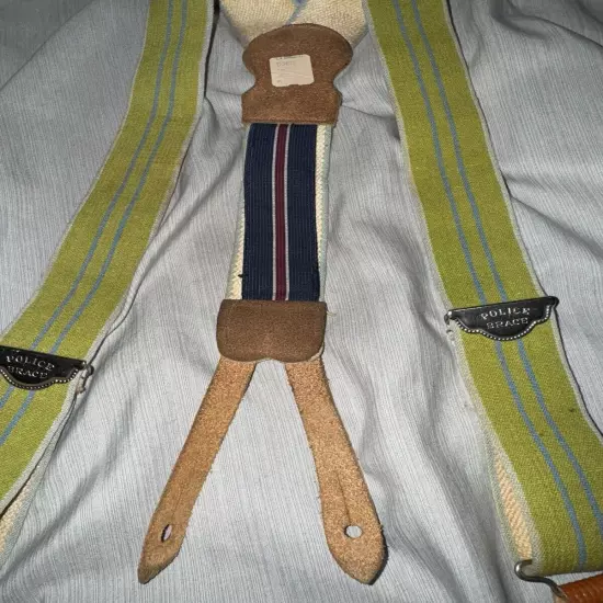 Vintage 1950s Police Brace Suspenders Y-Back Stripe Green Pebbled Leather