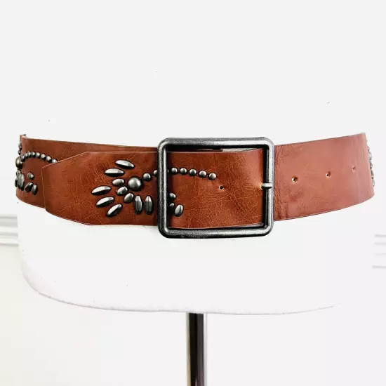 Brown Faux Leather Silver Studded Embellished Womens Belt ~ Size 8P