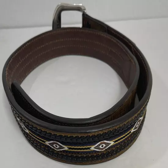 “3D Leather Belt with Embroidered Pattern and Braided Trim” Size 34