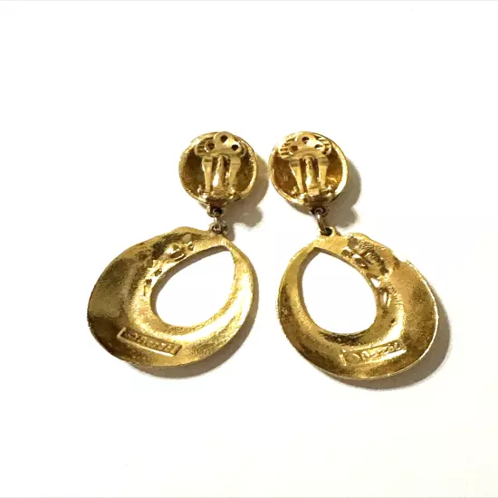 Vintage EDGAR BEREBI Cream Enamel & Gold Tone Earrings Clip On 1980s 2 1/8"