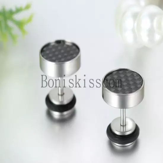 Mens Stud Earrings Stainless Steel Illusion Tunnel Plug Screw Back Carbon Fiber