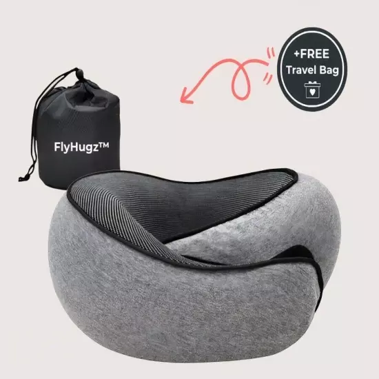 New! FLYHUGZ Neck Pillow Travel Pillow Gray Memory Foam Travel Case