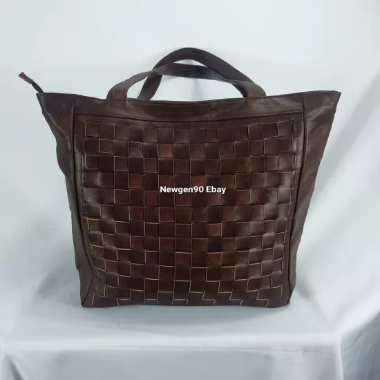 Genuine Goat Leather Bag Women's Handbag Brown checkered Shoulder Bag Tote Purse