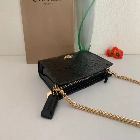 NWT COACH CV407 Slim Crossbody Bag in Signature Patent Leather Black