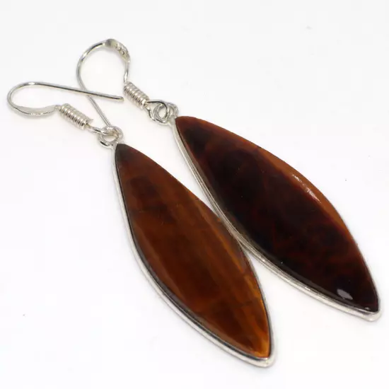 Tiger Eye 925 Silver Plated Gemstone Handmade Earrings 2.5" Superb Gift GW