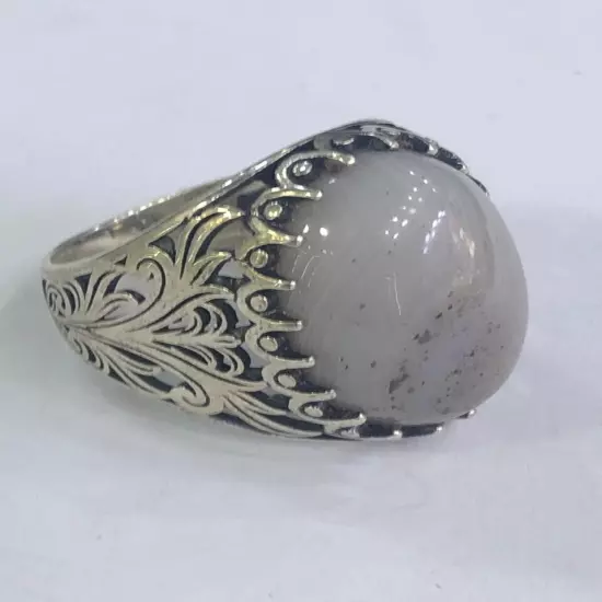 Royal Men Ring 925 Silver Yemen Agate Aqeeq خاتم عقيق يمني ابيض