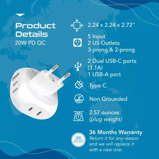 Ceptics European Travel Plug Adapter USA to Type C Italy,Iceland, Austria PTU-9c