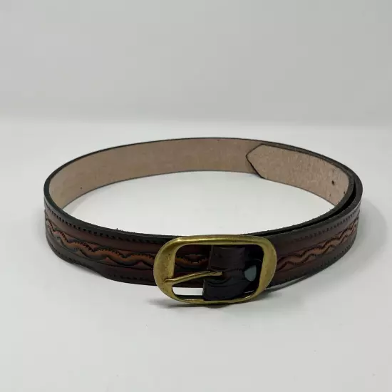 Vintage Men's Brown Brass Buckle Hand-Tooled Leather Belt Size 38