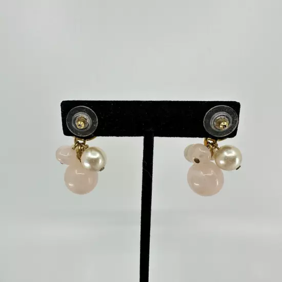 VTG Earrings Beaded Dangle Pink White Hammered Metal Gold Tone Stud Pierced Ear