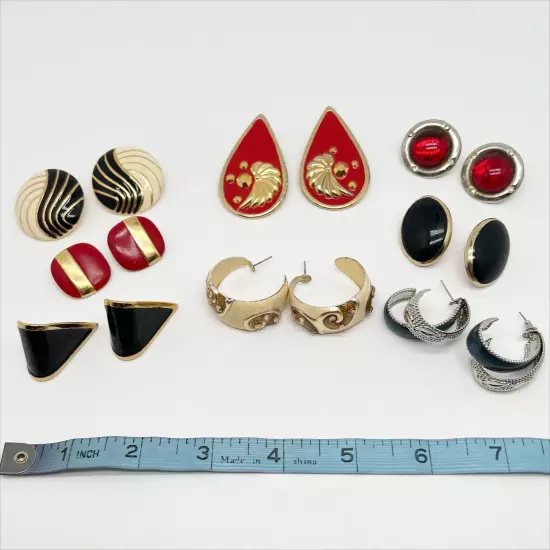 Lot of 8 Vintage Metal and Enamel Pierced Earrings Gold, Silver, Red, Black