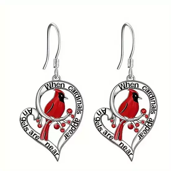 Red Bird Heart Shaped Cardinal Hollow Pendant Earrings Gift Fashion Women Girls