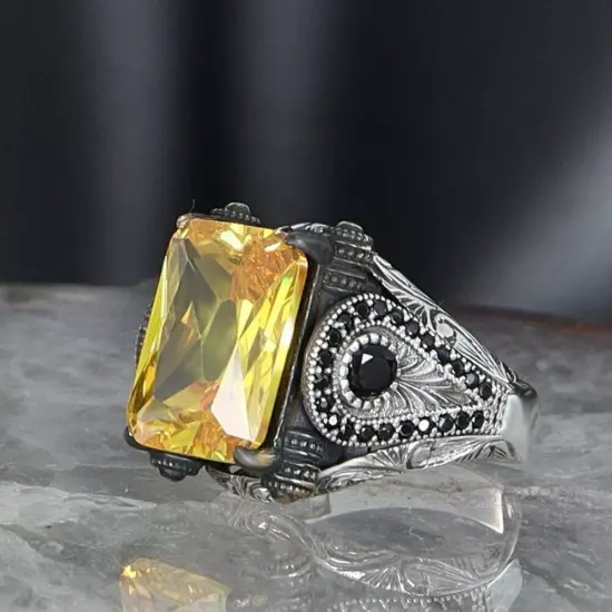 Citrine Stone 925 Sterling Silver Men's Ring Turkish Handmade Silver Men's Ring