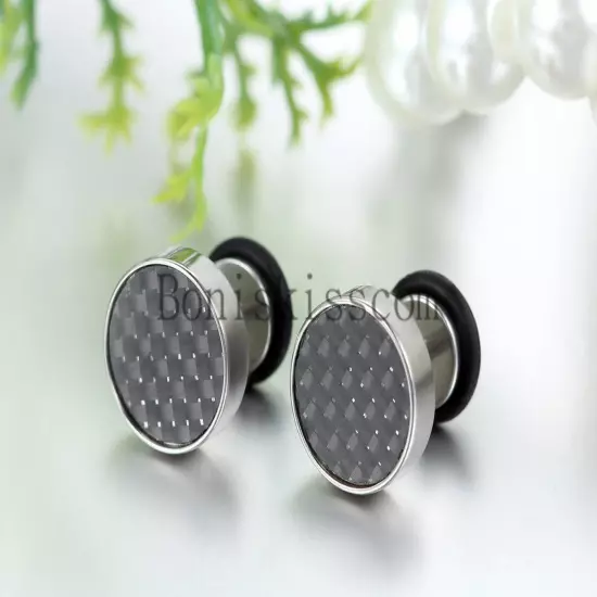 Mens Stud Earrings Stainless Steel Illusion Tunnel Plug Screw Back Carbon Fiber