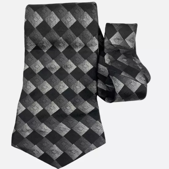 Croft & Barrow Black Gray Geometric Diamond Pattern Silk Necktie Tie 3.8" x 58"