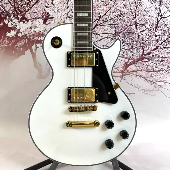 Custom Electric Guitar LP alpine white Gold hardware Black binding shell inlay