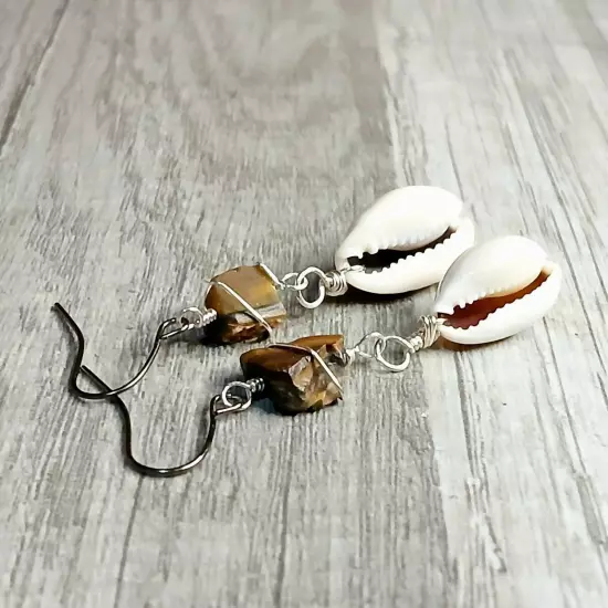 Raw Tigers Eye Crystal & Cowrie Shell Beaded Dangle Earrings, Gemstone