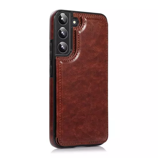 Back Flip Leather Wallet Cover Case Brown +Screen Protector For Samsung S22 Plus