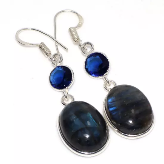 925 Silver Plated Fiery Labradorite Blue Topaz Long Earrings Size 2" JW