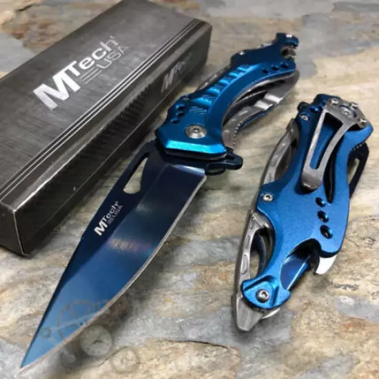 MTech Plain Blade Tactical Hunting Spring Assisted Pocketknife [Blue/Silver]