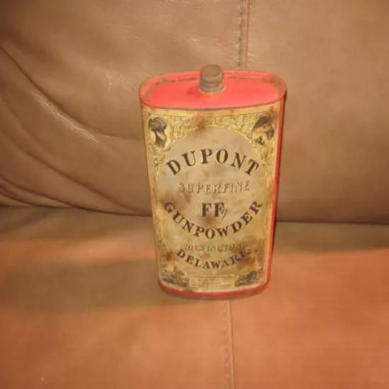 Dupont Superfine FFg Gunpowder Wilmington Delaware paper label Empty Tin