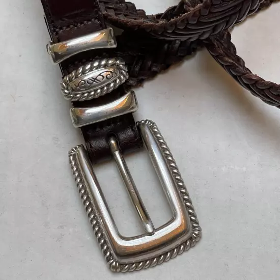 Brighton Belt Womens 28 Braided Woven Brown Boho Western Silver Tone Buckle