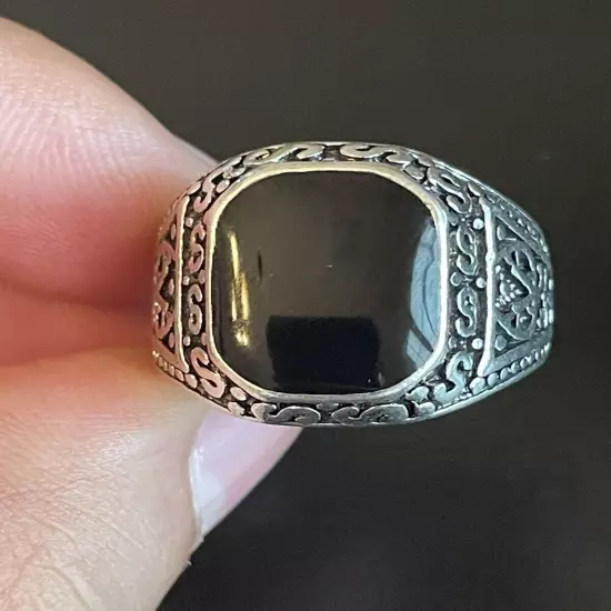 Natural Black Obsidian Stone S925 Silver Plated Men Women Statement Ring Size 8