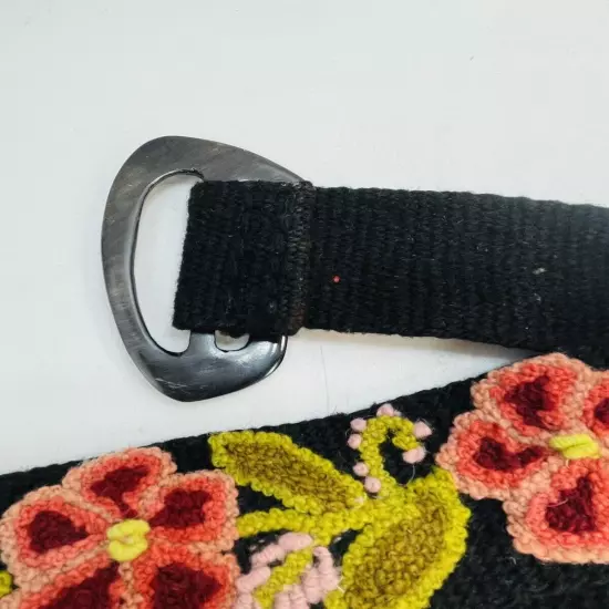 Embroidered Peru Wool BELT Black Floral Boho Hippie HORN BUCKLE Adjustable 44"