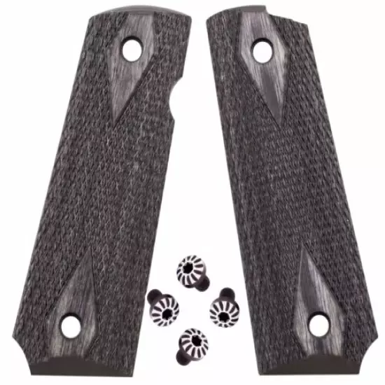 1911 checkered Gray Diamond wood grips + STRIPS stainless steel Torx grip screws