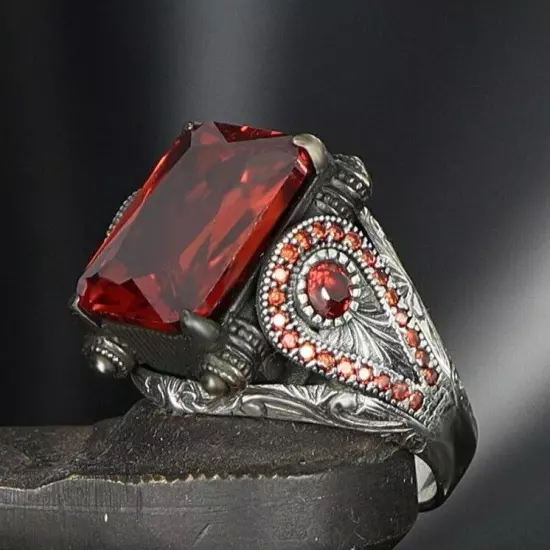 Zircon Stone 925 Sterling Silver Men's Ring Turkish Master Handmade Men's Jewelr