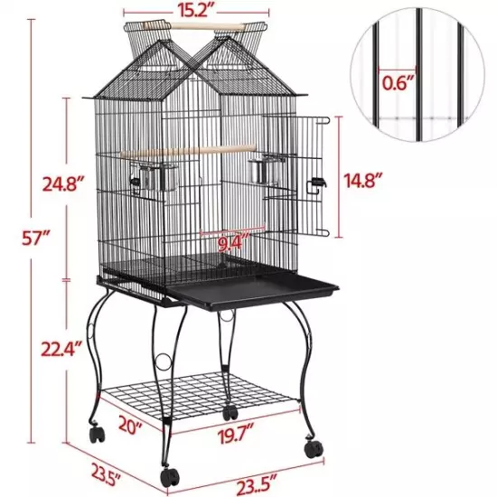 57'' Open Top Bird Cage Double Roof Top Parakeet Cage for Medium Small Parrots 