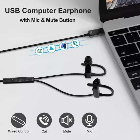 Computer Headphone USB Earphones 2.5M 8.2FT Wired Earbuds with Microphone Mu