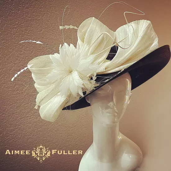 Kentucky Derby Hat Black White Organza Pale Pink Rose Flower Royal Ascot Del Mar