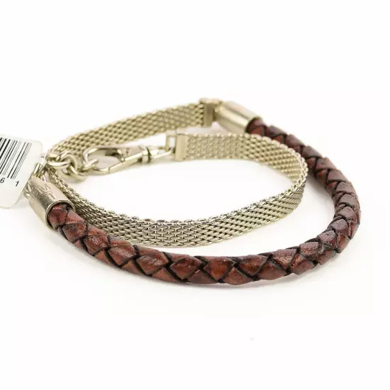 THE MONOTYPE Mens Brown Leather DEREK Bolo Silver Mesh Bracelet 7 - 7.5 NWT