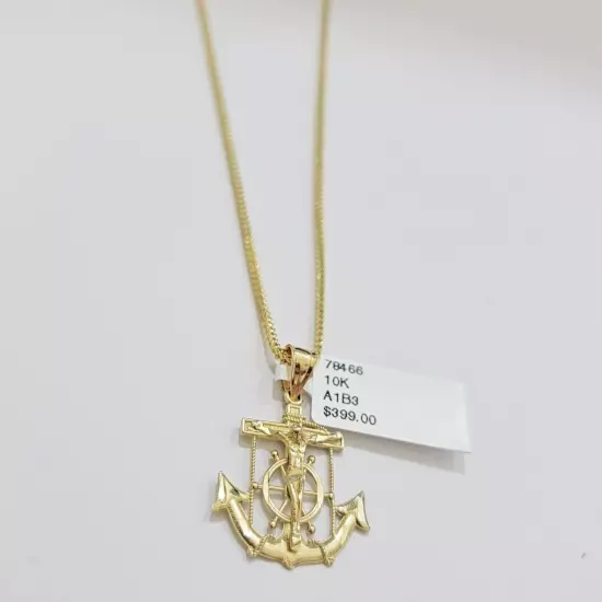 Real 10k Gold Franco Chain 22 Inch Jesus Anchor Charm Pendant Necklace SET END