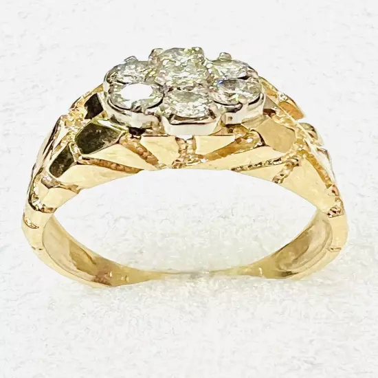 14K Solid Yellow Gold 1 TCW. Diamond Ring Nugget Mens Ring Size 10.5