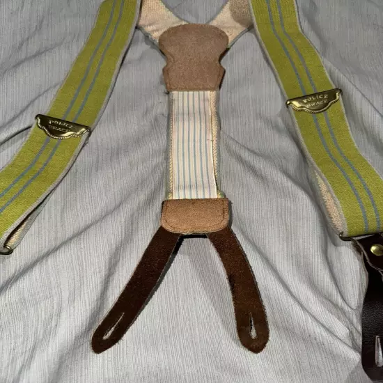 Vintage 1950s Police Brace Y-Back Suspenders Stripe Green Leather Tabs