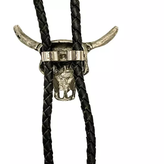 VTG Bull Skull Cow Silvertone Bolo Tie Braided Leather Cord Western Cowboy