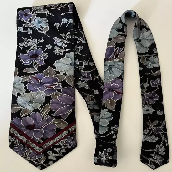 Deco Mode Flower Mens Tie Black Purple Blue Vintage