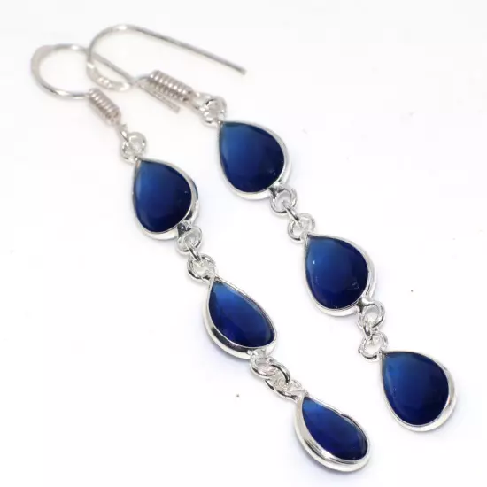 Blue Topaz 925 Silver Plated Long Gemstone Earrings 2.6" Stylish Gift MJ