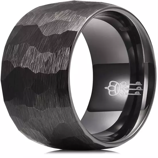 THREE KEYS JEWELRY Hammered Tungsten Rings Men Women - 8mm Wide - Black Brush