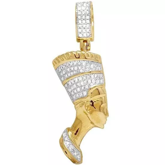 10K Yellow Gold Real Diamond Egyptian Queen Nefertiti Pendant Charm 1/4 Ct 1.4"