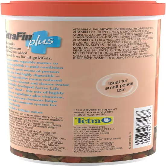 TetraFin Plus Goldfish Flakes 7.06 Ounces, Balanced Diet, With Algae To Promote 