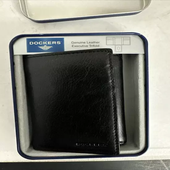 Vintage dockers genuine leather executive trifold black mens wallet tin can 