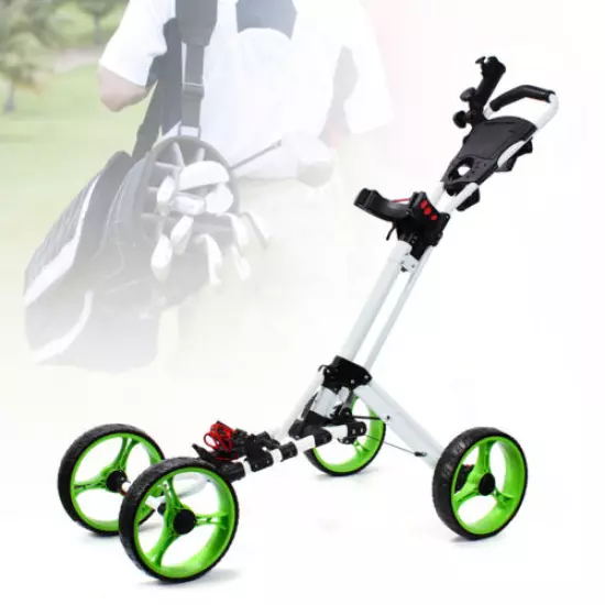 Folding 4 Wheel Golf Pull Push Cart Trolley Swivel Club Umbrella Scorecard USA