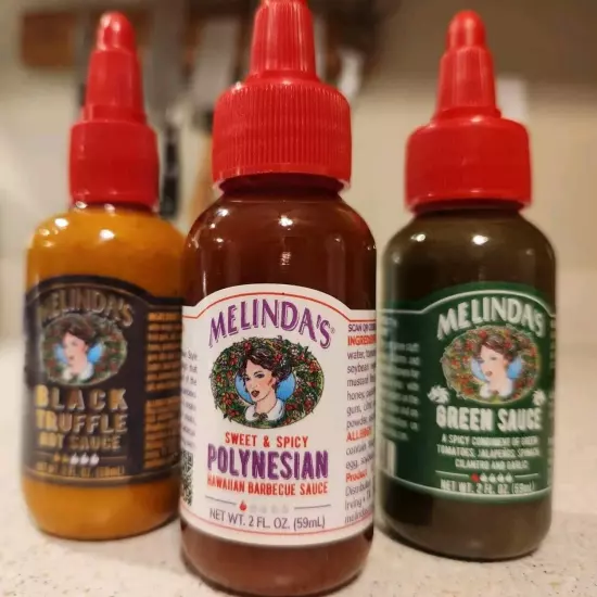 Melindas Black Truffle Green Sauce Polynesian 2oz Sample Bottles 